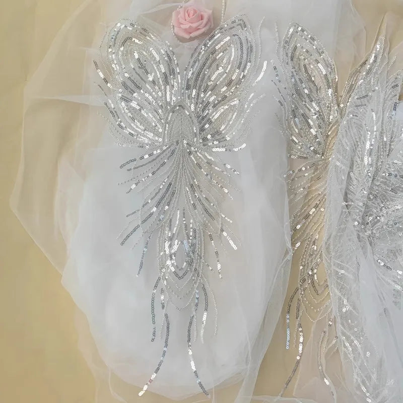 New 30 * 69cm silver nail bead sequin wedding dress upper collar lace embroidery designer sewing accessories