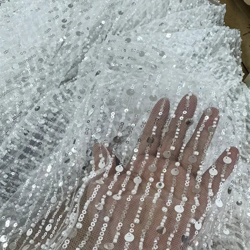 Simple Sequins Pearls Vertical Stripes Lace Embroidery Transparent Mesh Fabric Sewing Wedding Dress Evening Gown Fabric