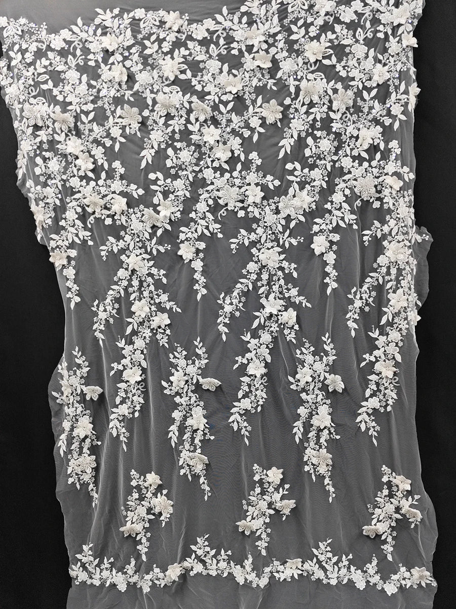 New beaded sequins embroidered lace fabric, large flower branches sewn, high-end wedding dresses, three-dimensional decals