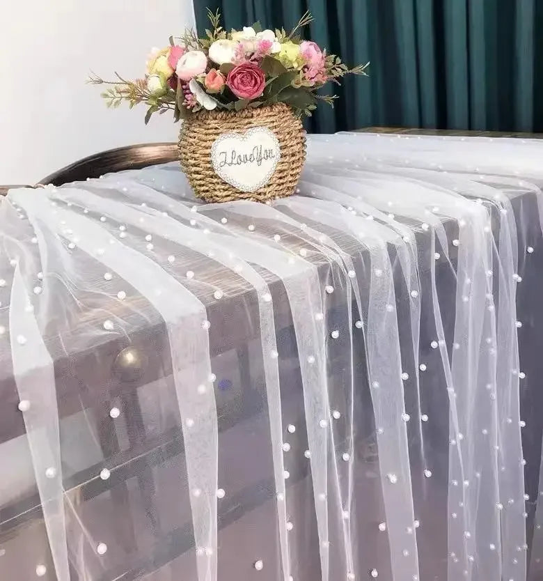 Tela de tul de malla con perlas grandes y pequeñas, color blanco roto, de 300 cm de ancho, para velo de novia de lujo, material de costura para decoración.