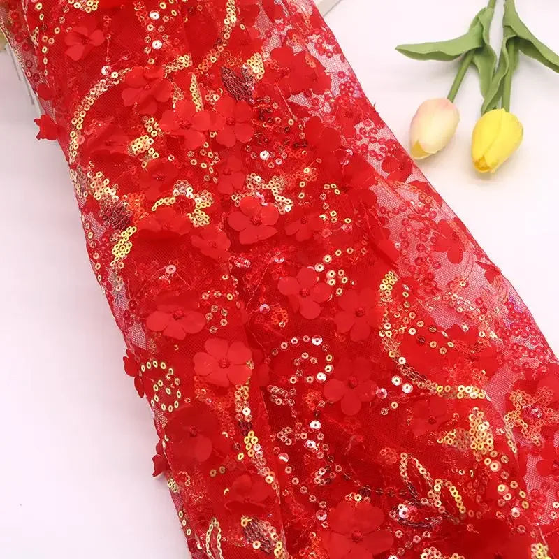 قماش شبكي أبيض مع ترتر ثلاثي الأبعاد وتطريز بتلات قماش ملابس مسرح عصري لتزيين الخلفية