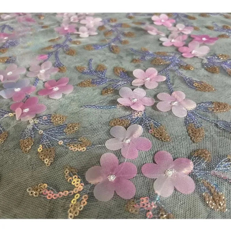 Tela de red bordada con flores 3D rosas y lentejuelas para vestido de novia, cheongsam, ropa hecha a mano, material de bordado de encaje