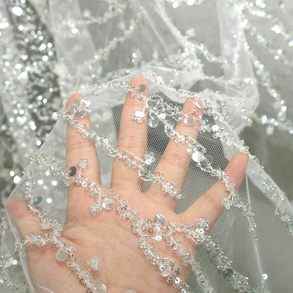 Luxury Sequin Beaded Lace Mesh Fabric Shiny Silver Embroidery Tulle for Wedding Dress Gown Costume DIY Couture Craft