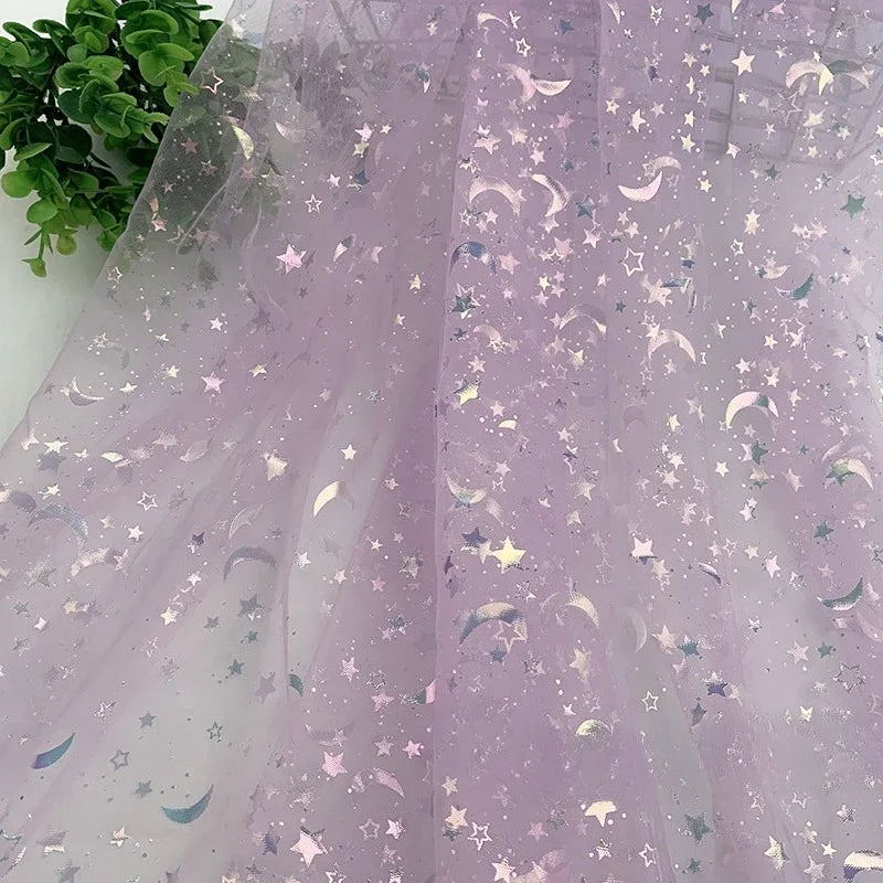 Dreamy Mesh Fabric For Children In Princess Style With Colored Star And Moon Printed Pattern Suitable For Wedding Dress Designer