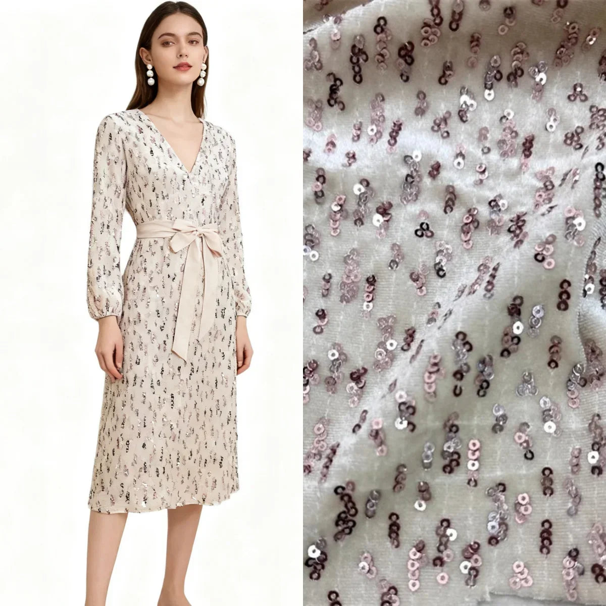 Shiny Beige Glitter Gold Velvet Elastic Fabric - High Quality 140cm