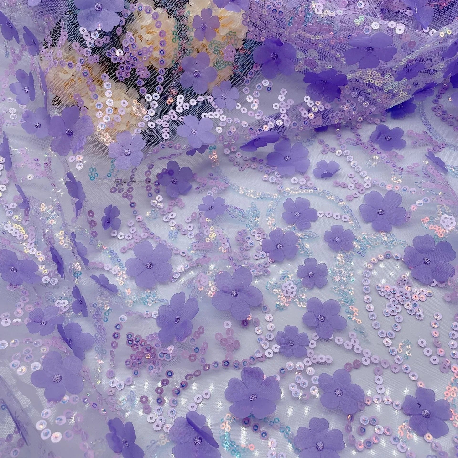 قماش تول فاخر مطرز بترتر ثلاثي الأبعاد مع تصميم زهور، مناسب لفساتين الزفاف والأزياء المسرحية