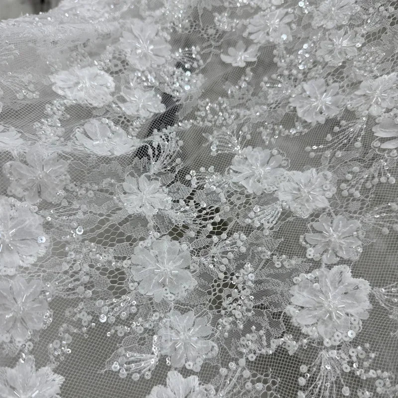 Tela de encaje con bordado de flores y lentejuelas de alta gama para coser vestidos de novia y de noche, malla transparente de encaje DIY