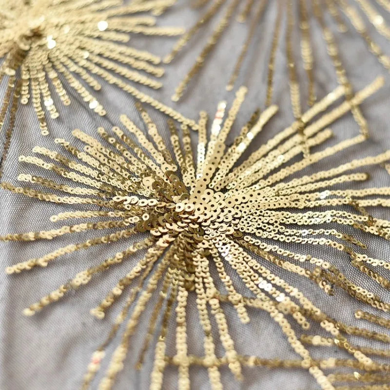 White Embroidered Gold Sequin Lace Fabric - Wedding Material 130cm
