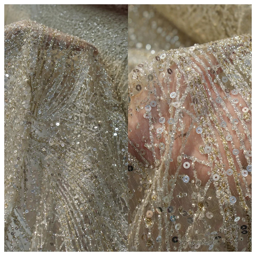 Tela brillante de encaje bordado de primera calidad para vestidos de novia hechos a mano, vestidos de cola larga de diseñador, vestidos lenceros y creaciones de alta costura.