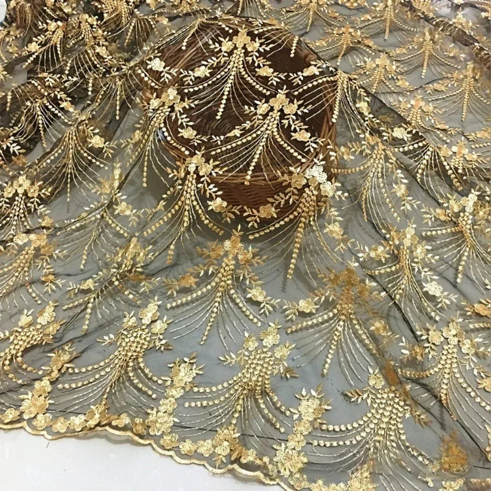 قماش تنورة جديد ثلاثي الأبعاد مطرز بخيوط ذهبية لامعة من الدانتيل الشبكي، قماش ملابس، تطريز فستان