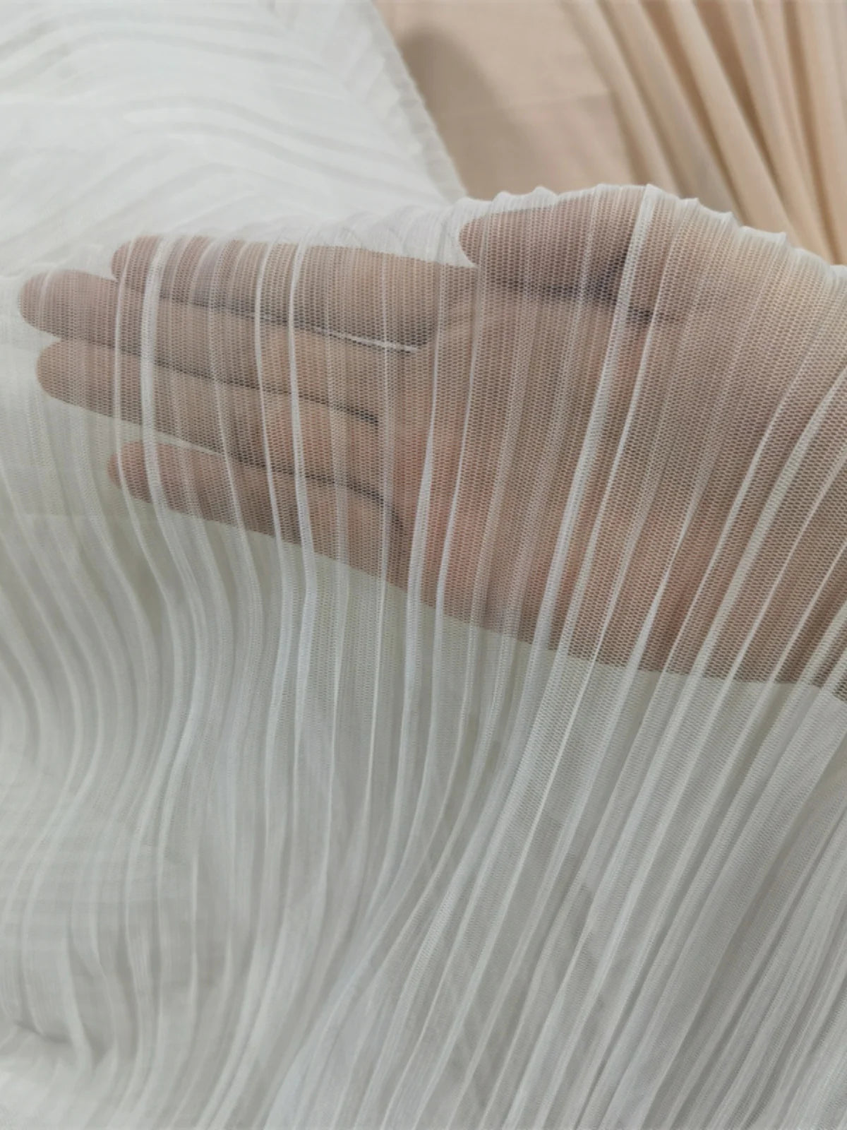 High end designer mesh pleated fabric, accordion pleated high drape fabric, semi transparent mesh stage fabric