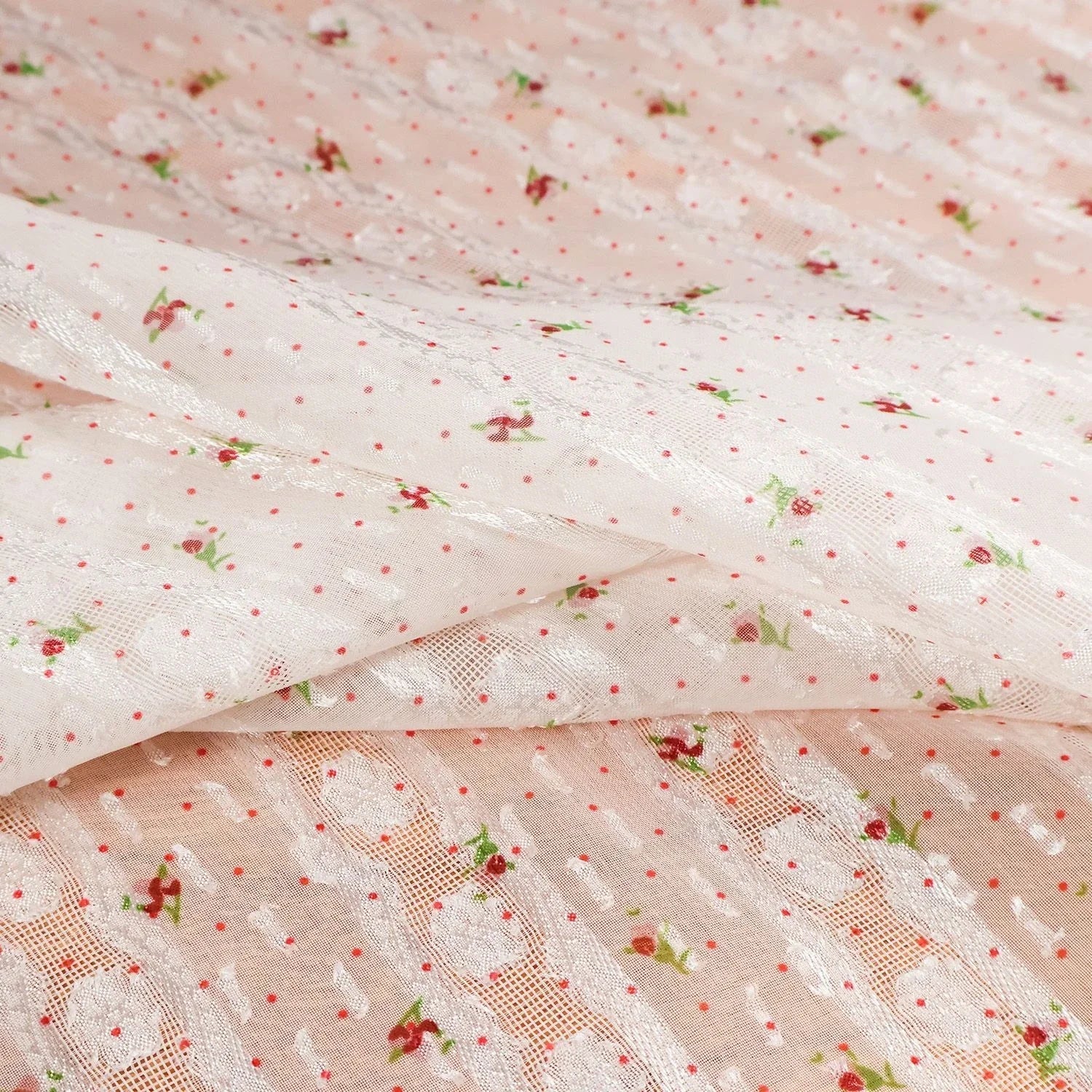 قماش شيفون أورجانزا جاكار دانتيل منقط وردي - مادة شفافة زهرية