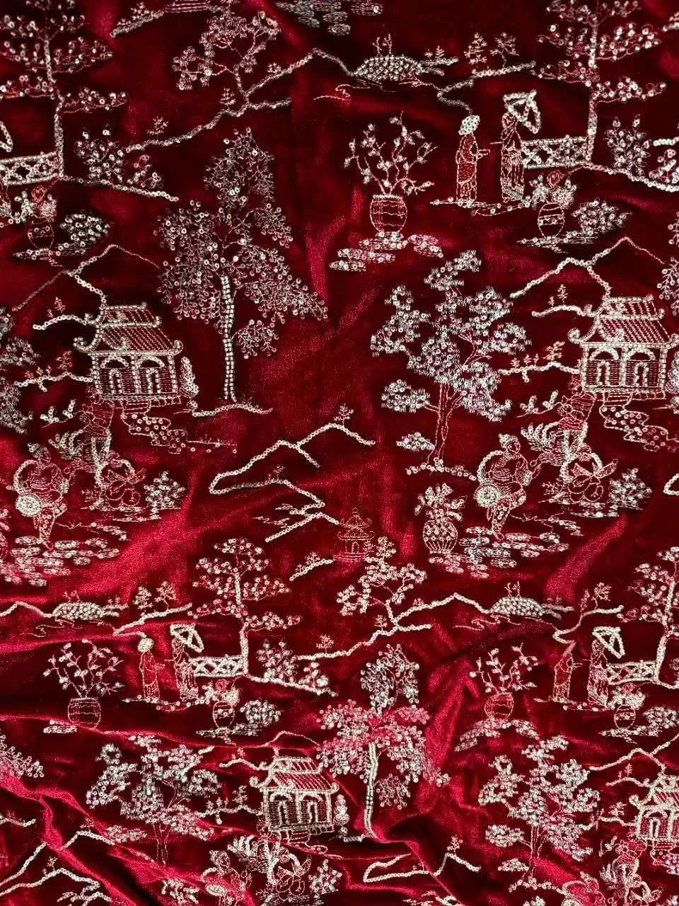 Gaoding Series Green Style Pavilions Exquisite Embroidery Velvet Fabric Chinese Style Fabric Sewn Cheongsam Evening Gown