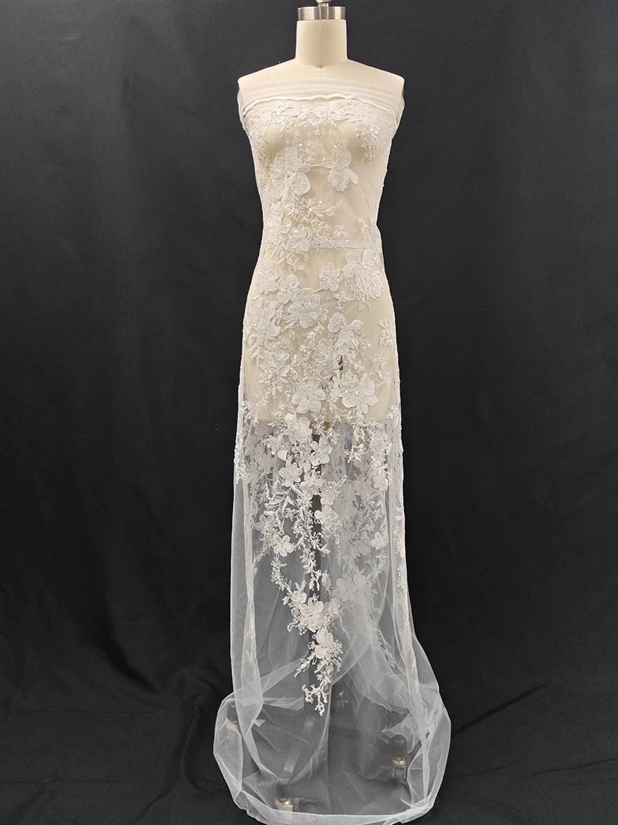 قماش دانتيل مطرز بالترتر الفاخر الرائع، قماش دانتيل على شكل أوراق الزهور، خياطة حجاب الزفاف، فستان السهرة، قماش مصمم يدويًا