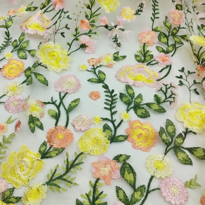 Tela bordada de malla rosa, tela bordada de peonía multicolor, tela bordada para coser vestidos de noche, tela bordada DIY, personalización