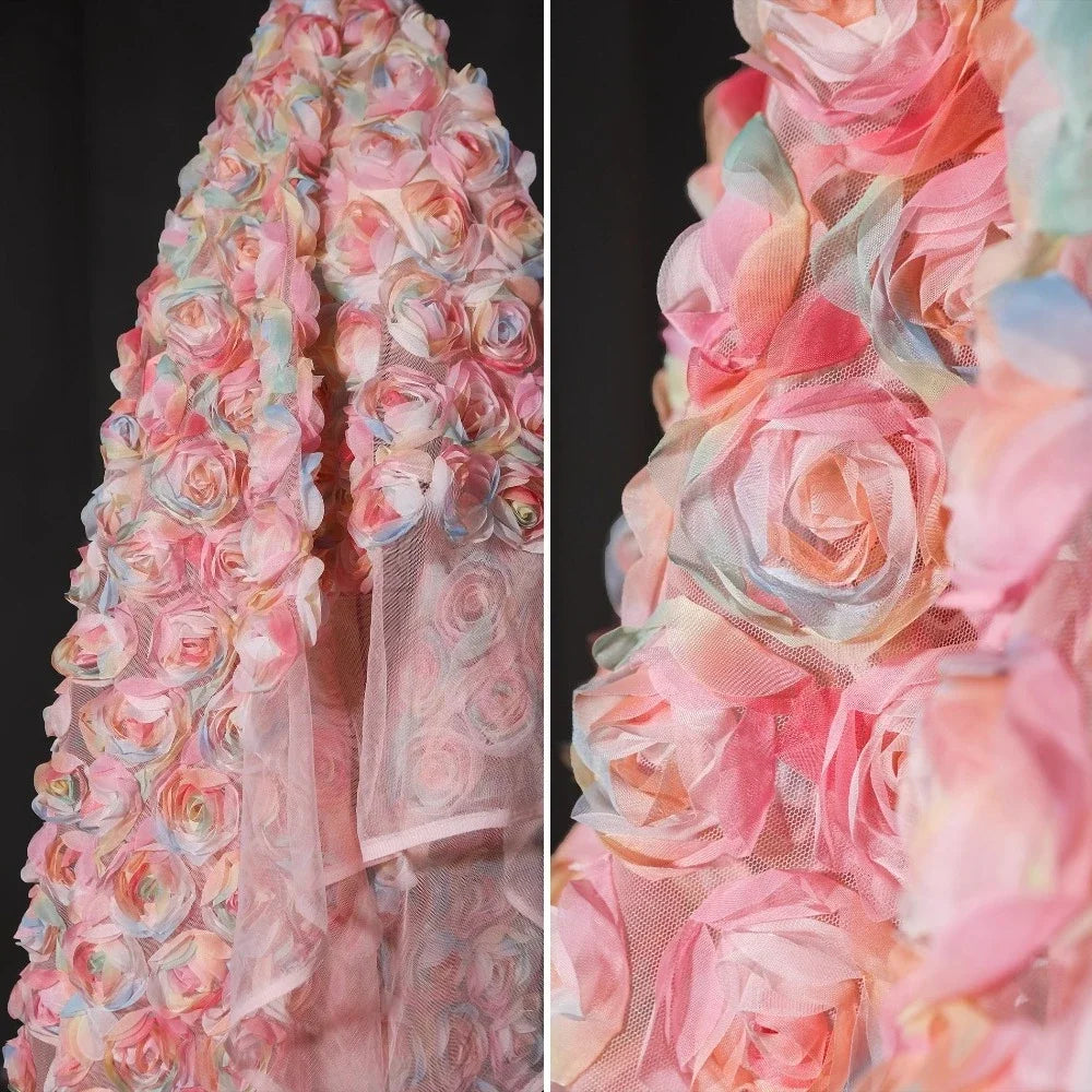 Tela de encaje de malla rosa con flores rosas 3D, semitransparente, bordada para confección creativa, para bodas, moda y manualidades.