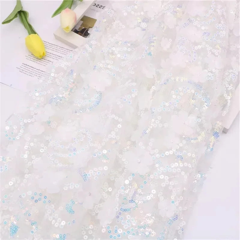 قماش تول فاخر مطرز بترتر ثلاثي الأبعاد مع تصميم زهور، مناسب لفساتين الزفاف والأزياء المسرحية