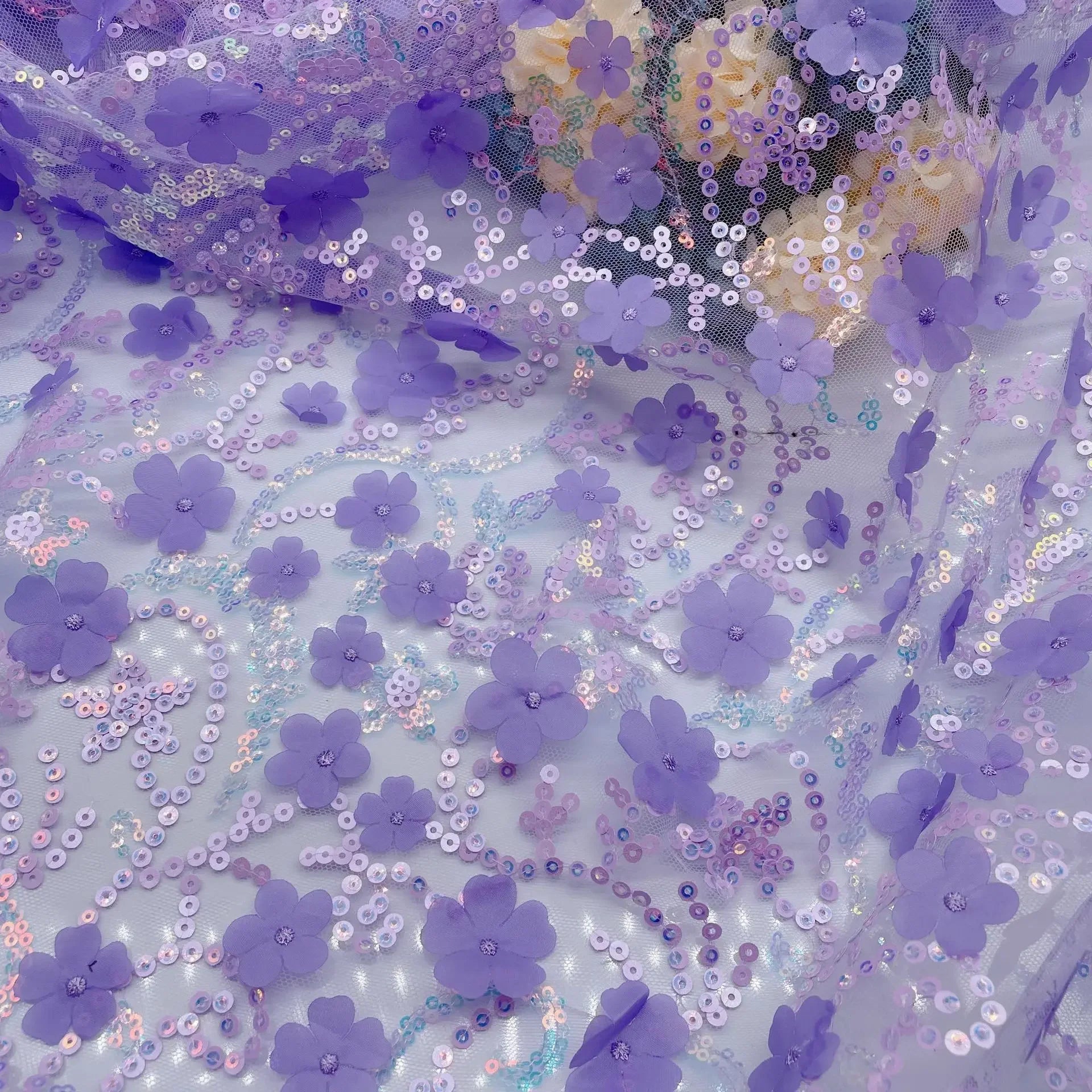 قماش تول فاخر مطرز بترتر ثلاثي الأبعاد مع تصميم زهور، مناسب لفساتين الزفاف والأزياء المسرحية