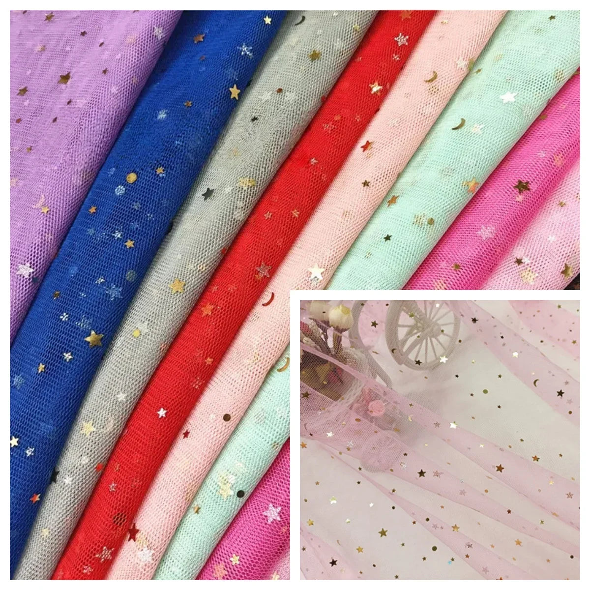 Tela de malla suave de gasa de estrellas y lunas para coser vestidos de novia, vestidos de muñecas, decoración de bodas, accesorios para el cabello, tela decorativa DIY