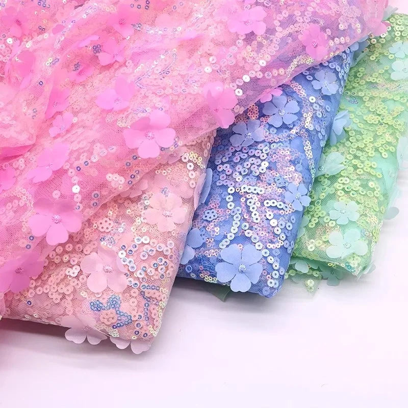 قماش تول فاخر مطرز بترتر ثلاثي الأبعاد مع تصميم زهور، مناسب لفساتين الزفاف والأزياء المسرحية