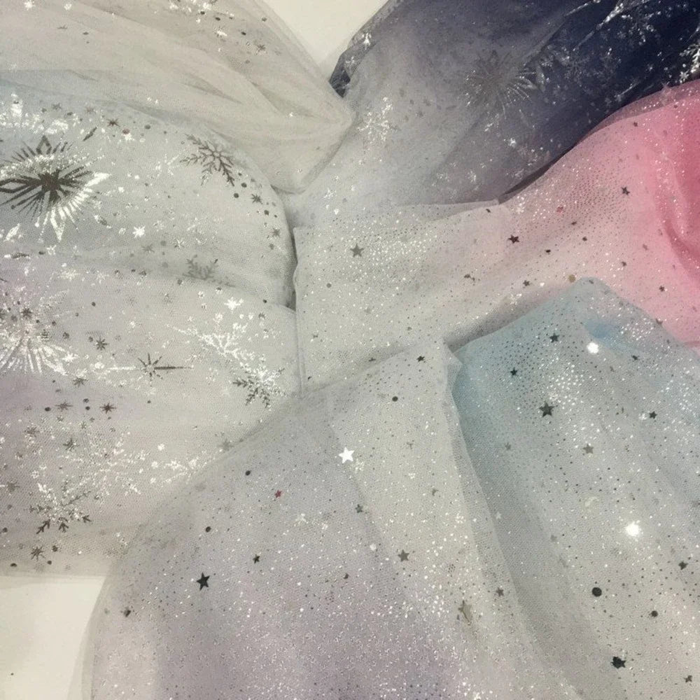 Gradient Star Moon Snowflake Gold Embroidered Chiffon Fabric - Netted Material