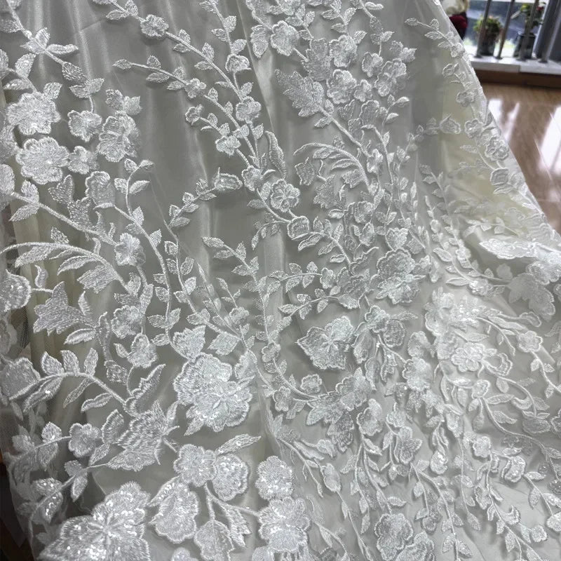 New Lace Transparent Mesh Fabric Embroidery Flower Sequins Tree Leaves Sewing Wedding Dress Evening Gown Lace Fabric