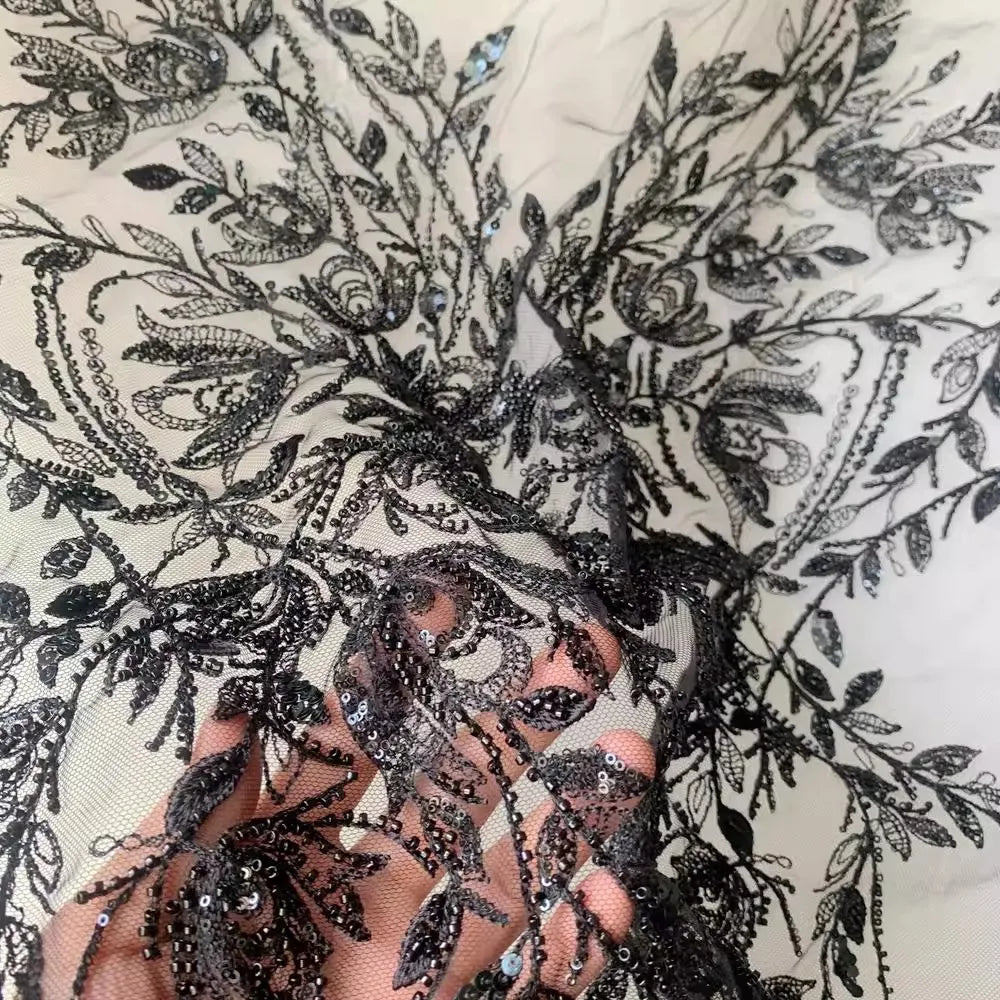 Black and white leaf flower nail bead lace large flower piece sewing wedding dress chest decoration embroidery piece