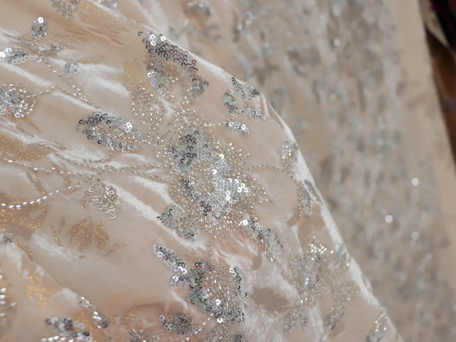 Beaded Embroidered Gold Velvet Sequin Fabric - Luxury Designer Material 140cm