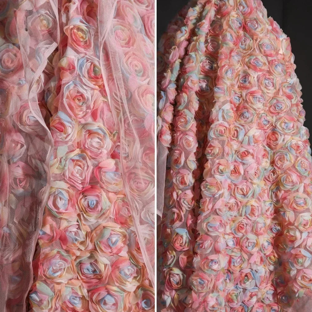 Tela de encaje de malla rosa con flores rosas 3D, semitransparente, bordada para confección creativa, para bodas, moda y manualidades.