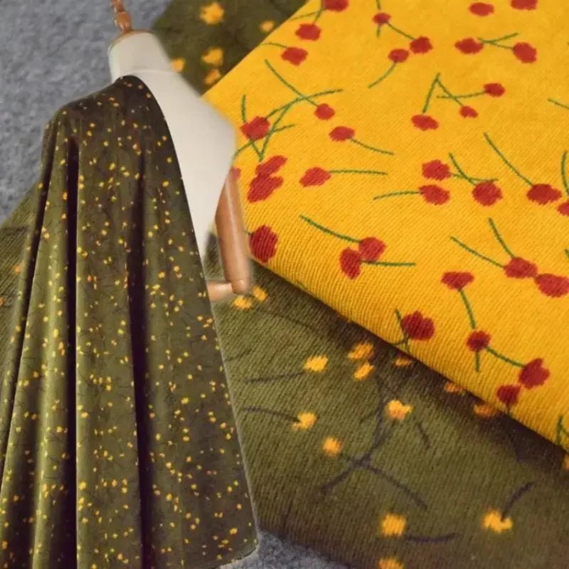 Colorful Corduroy Printed Fabric - Fresh Floral Striped Velvet 145cm