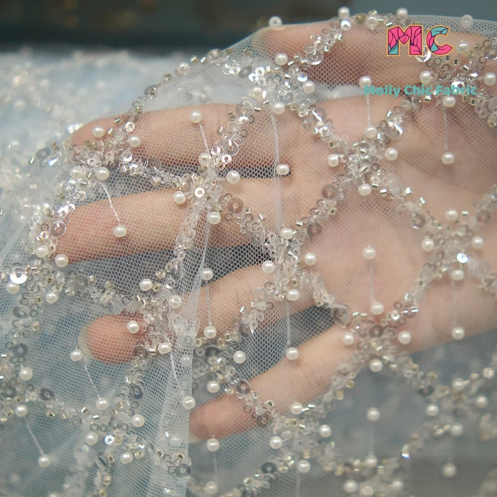 Crystal Sequin Pearl Embroidered Lace - Wedding Evening Gown Fabric