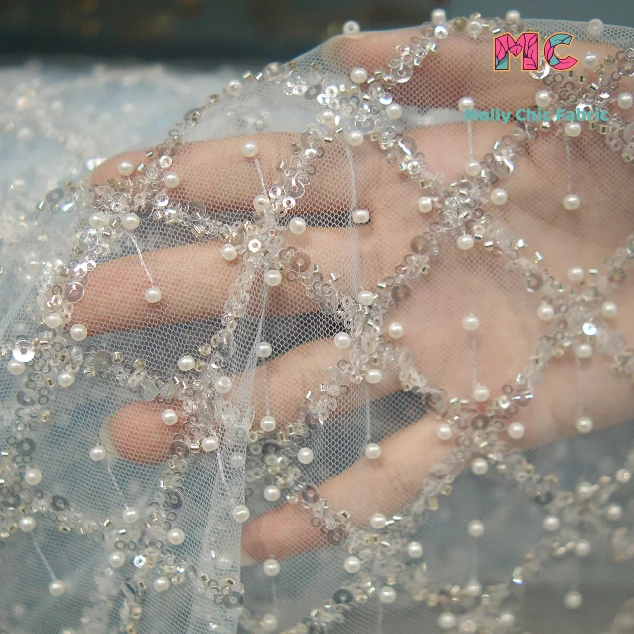 New Crystal Sequins Small Pearls Embroidered Lace Fabric Sewn Wedding Dresses Evening Gowns DIY Fabrics For Sewing