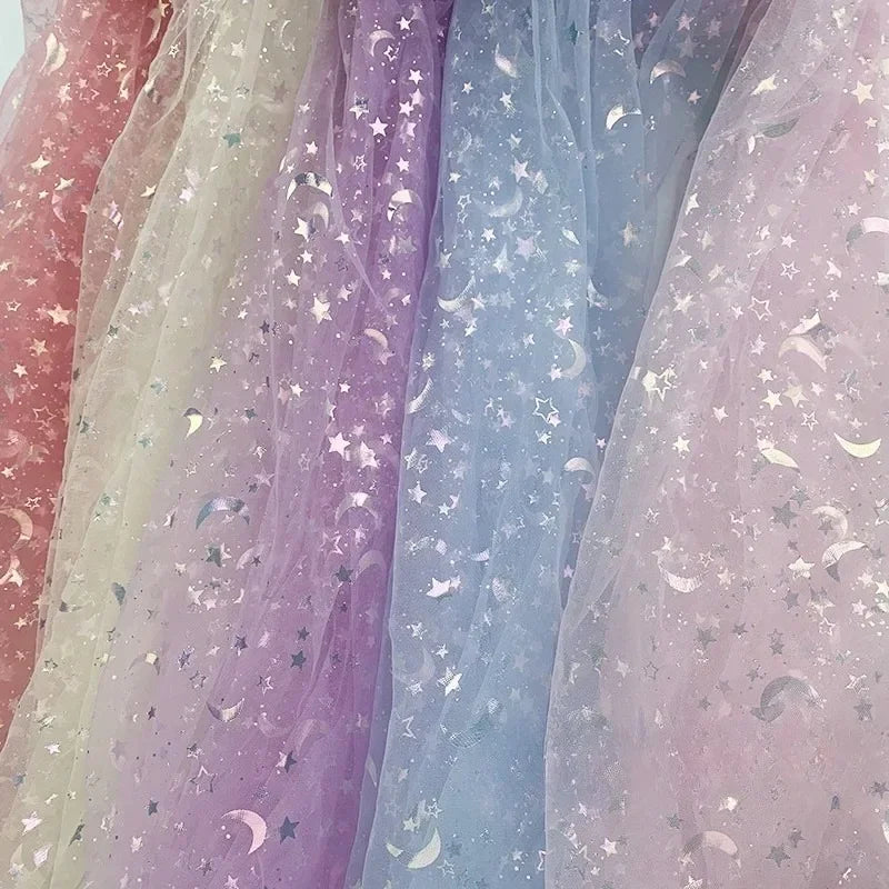 Dreamy Mesh Fabric For Children In Princess Style With Colored Star And Moon Printed Pattern Suitable For Wedding Dress Designer