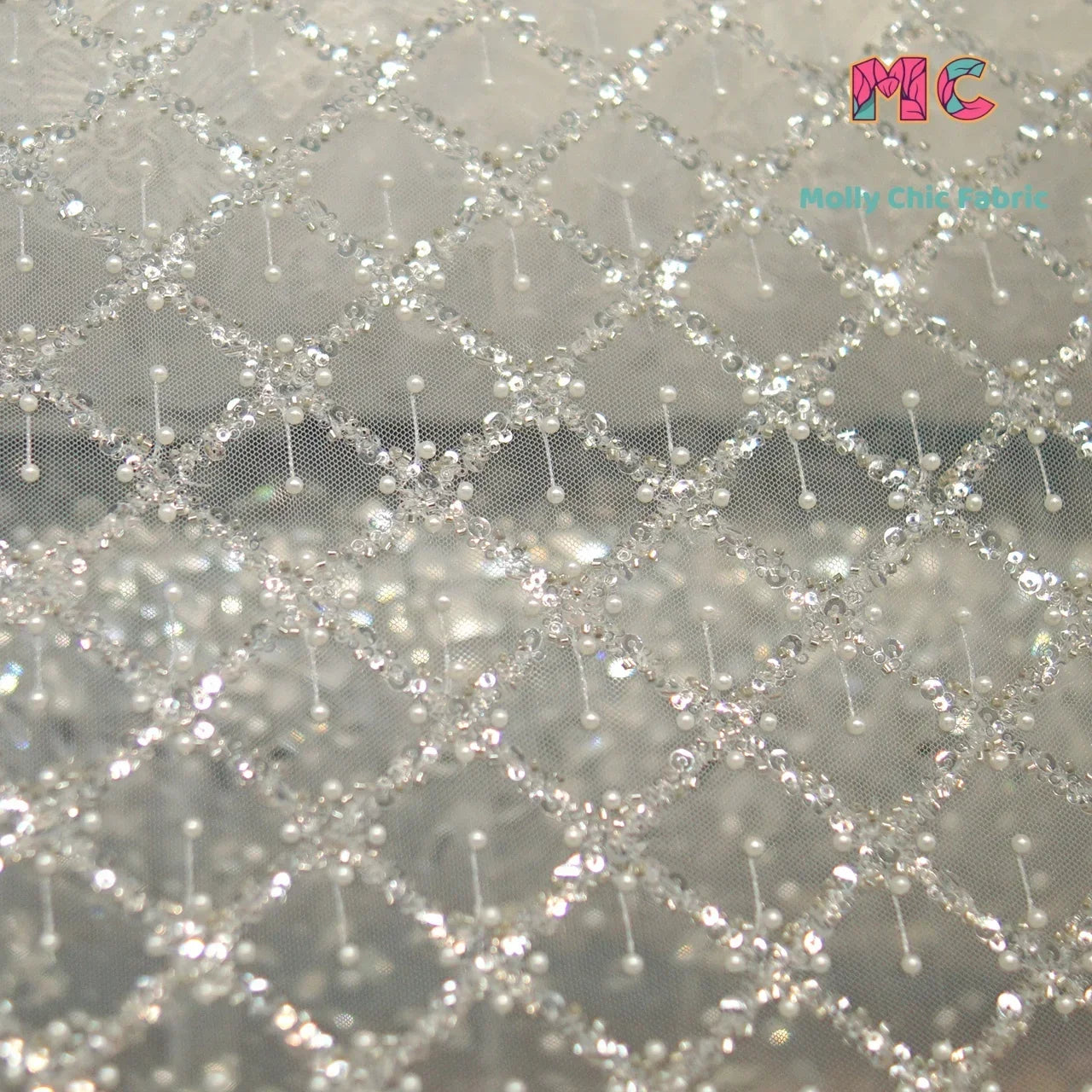 New Crystal Sequins Small Pearls Embroidered Lace Fabric Sewn Wedding Dresses Evening Gowns DIY Fabrics For Sewing