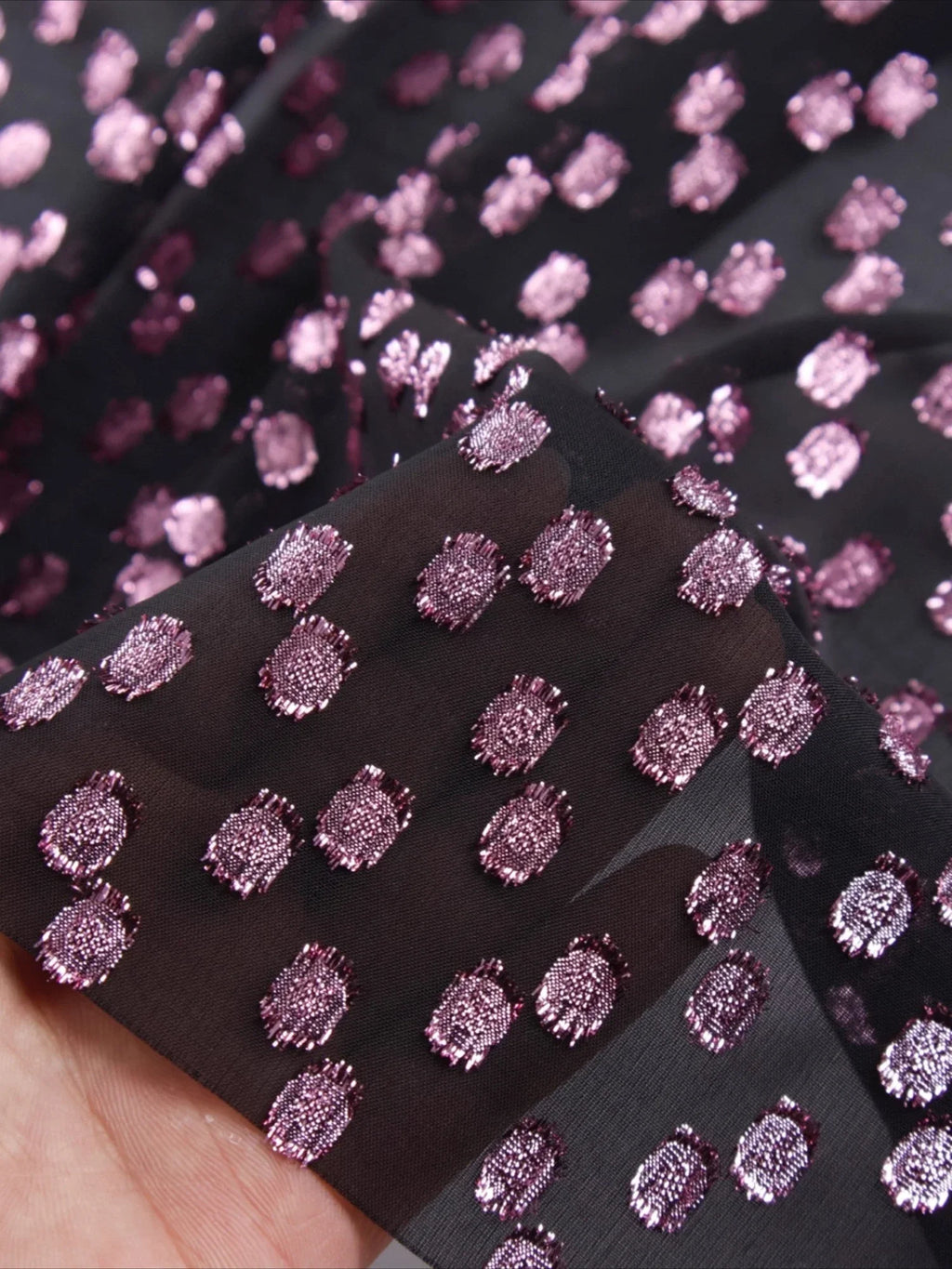 Purple Red Wavelet Embroidery Semi Transparent Black Chiffon Fabric - Designer Material 140cm