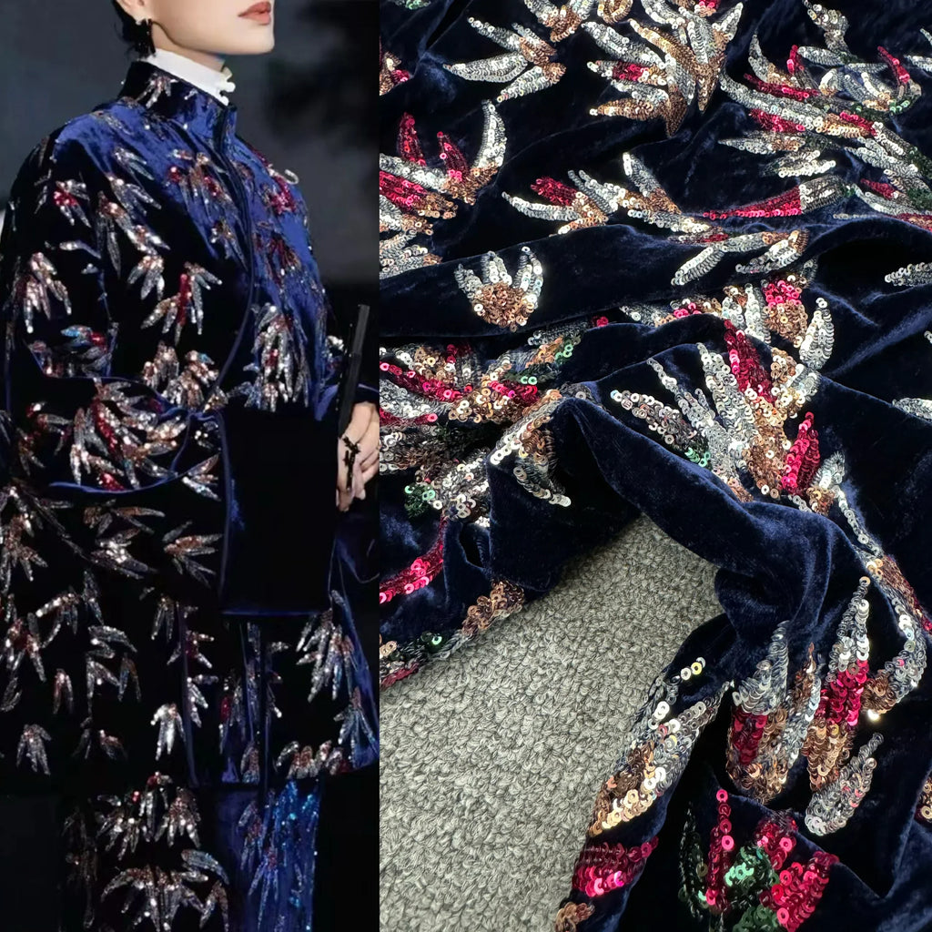 Luxurious Velvet Sequin Embroidered Fabric - Premium Silk Velvet for Elegant Dresses & Vests