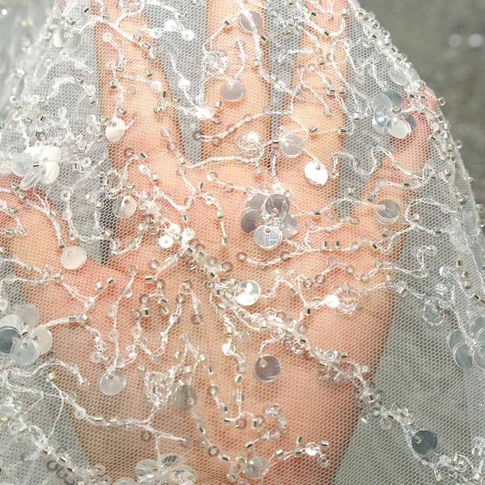 Silver Sequin Beaded Tulle - Evening Dress Bridal Veil Party Decor Fabric