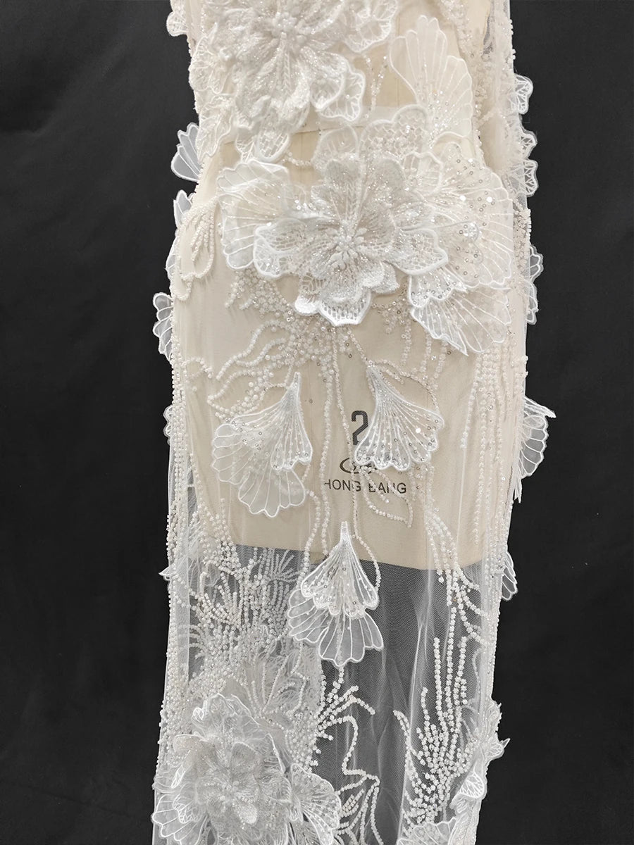 Bordado de cuentas de encaje con hilo floral 3D, color blanco crudo, hecho a mano, para vestido de novia, vestido de noche, tocado, accesorio, material