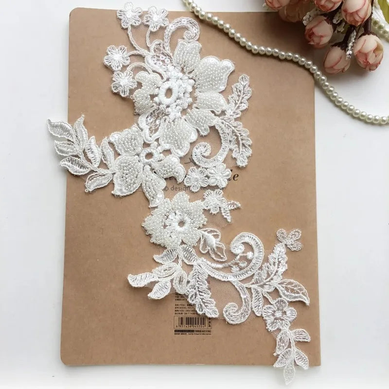 Encaje de cuentas de lujo blanco combinado con altura floral, vestido de novia DIY, tocado, accesorios para la cabeza, 1 par