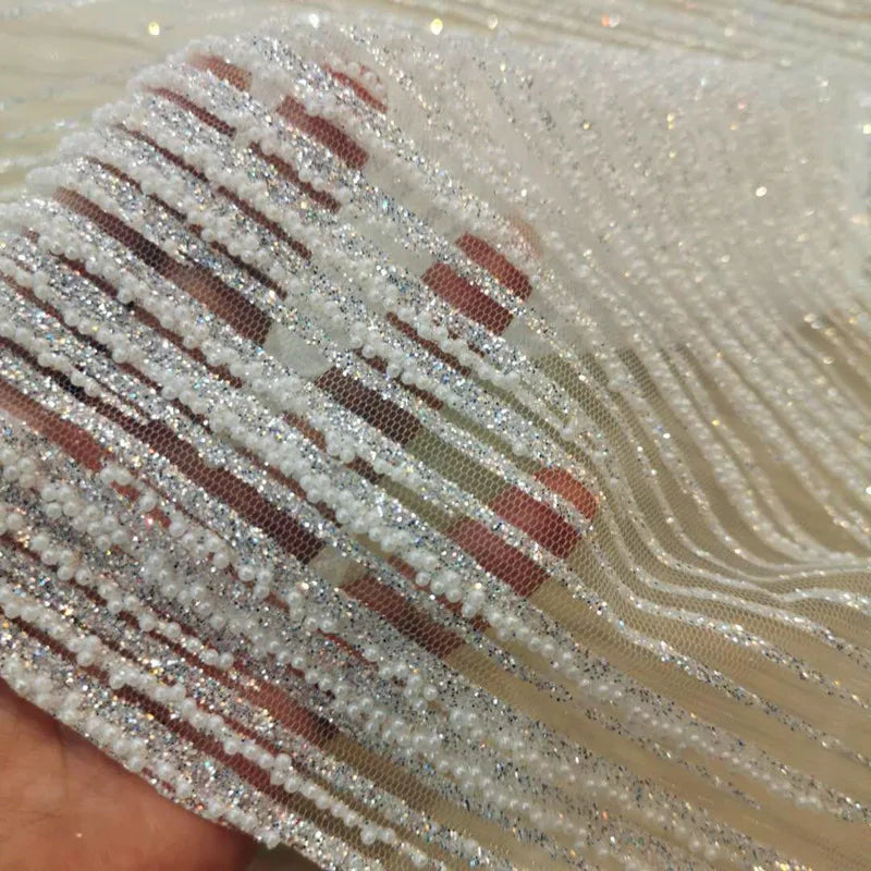 Customized White Small Pearl Hot Stamping Gold And Silver Color Diamond Mesh Wedding Dress Fashion Designer Lace Soft Fabric