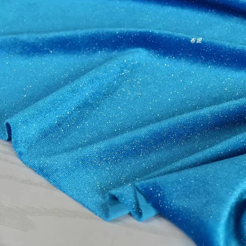 Lake Blue Four Sided Elastic Sparkling Gold Velvet Fabric - Luxurious Material 150cm