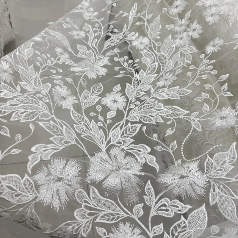 Elegant Petal Leaf Lace Embroidery Sheer Mesh Fabric Lightweight Transparent Textile Bridal Gown Party Dress Decorative DIY Sew