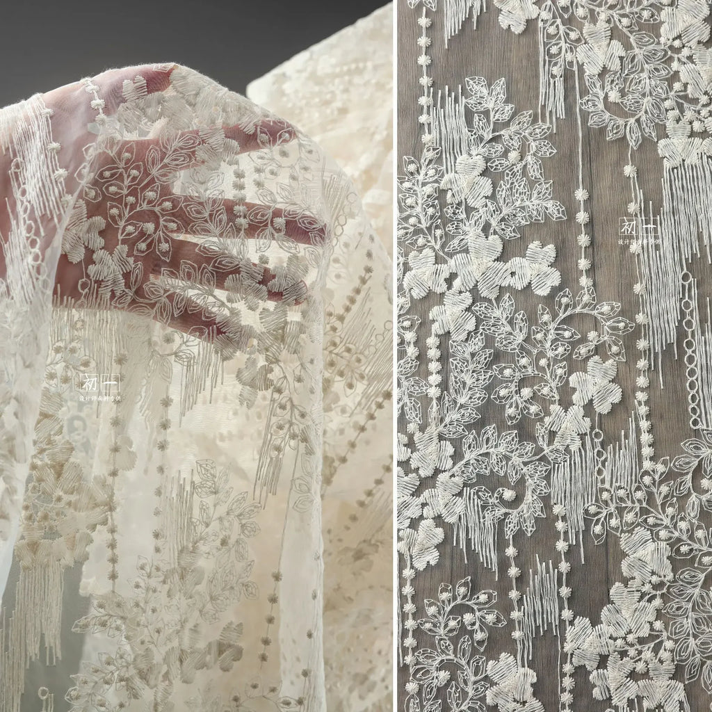 French Apricot Vintage Floral Embroidery Lace - Ombre Tulle Bridal Fabric - fabric photo 7