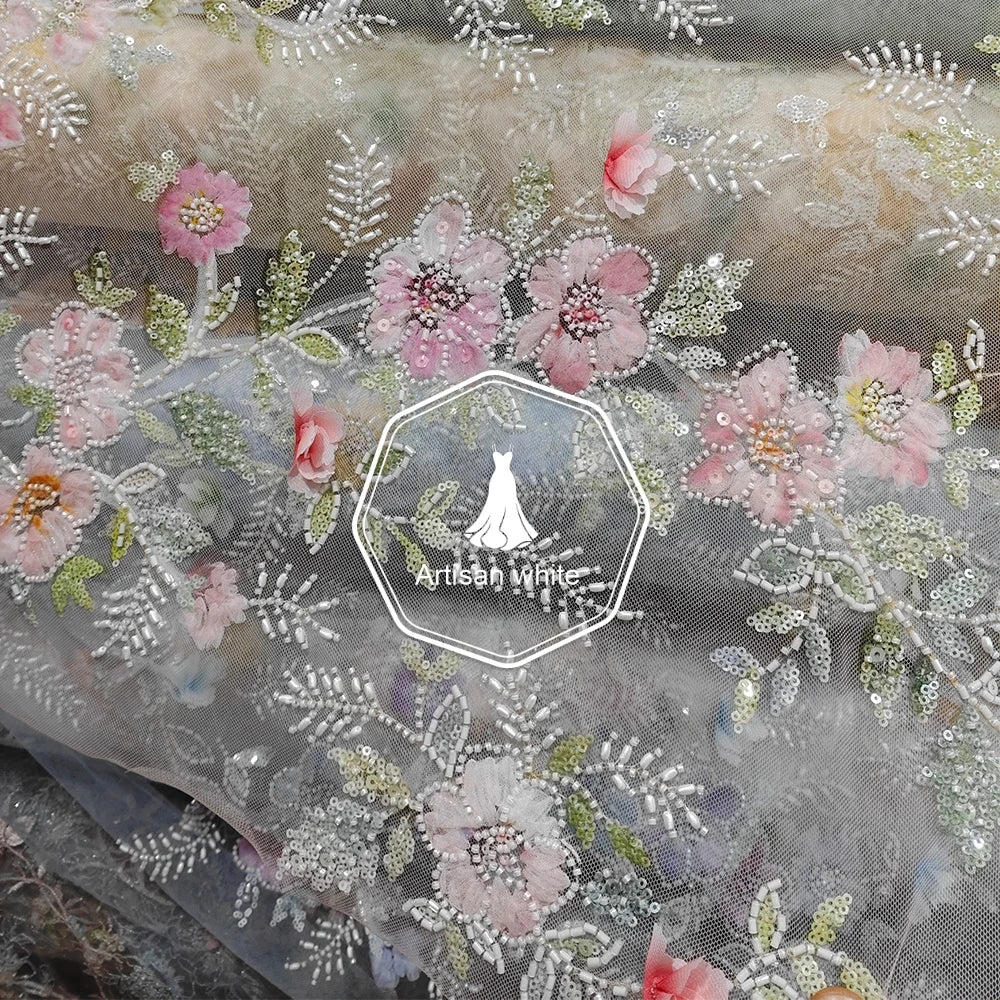 Tela de encaje bordado floral 3D de lujo con cuentas y lentejuelas para vestido de novia o de noche.