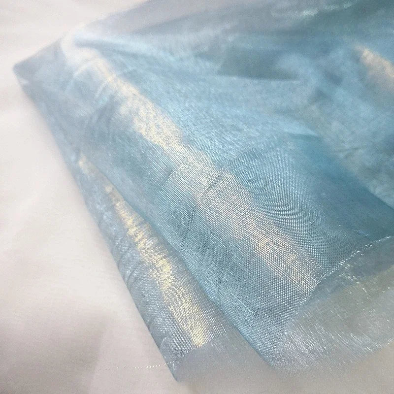 Mermaid Like Transparent Blue And Gold Full Plate Hot Stamping Fine Thread Organza Fabric Is Used For Handmade Of Party Costumes