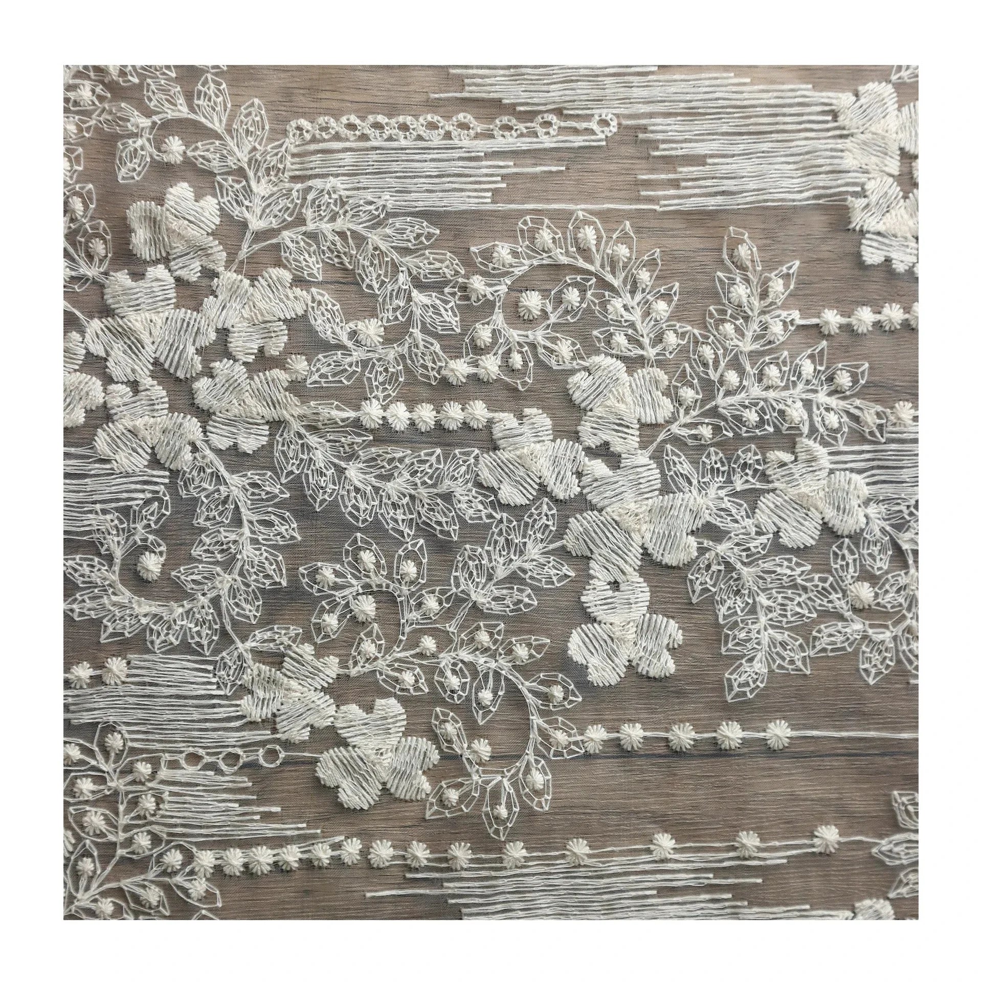 Beige Morning Glory Lace Embroidered Tulle Fabric Gradient Sheer For Wedding Dresses Bride Dress French Couture Textile