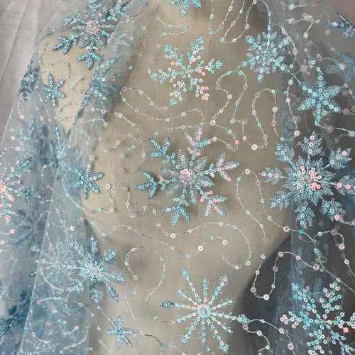 Blue Mesh Embroidered Snowflake Sequin - Children's Evening Dress Fabric - fabric photo 1
