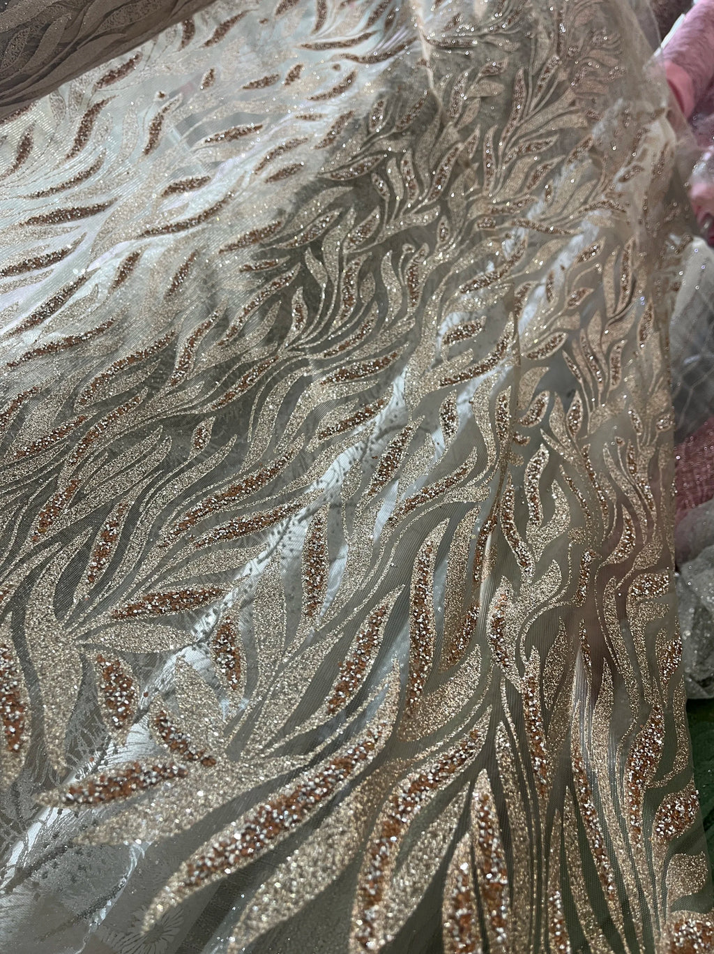 Champagne Colored Hot Pressed Gold Shiny Leaf Shaped Wedding Dress Fabric With Rhinestone Light Coffee Lace Mesh