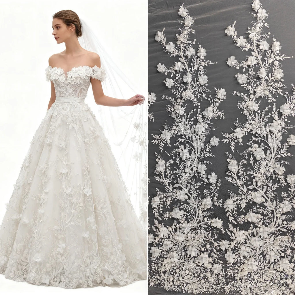 Tela con bordado de encaje, para vestido de novia, velo, cortina de puerta, mantel, con cuentas de perlas y flores de hoja nueva