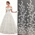 Tela con bordado de encaje, para vestido de novia, velo, cortina de puerta, mantel, con cuentas de perlas y flores de hoja nueva